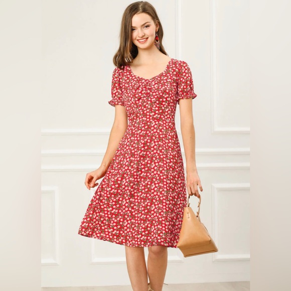 WOMEN'S SUMMER CASUAL SMOCK RUFFLE CHERRY PRINT A-LINE DRESS - Picture 1 of 3
